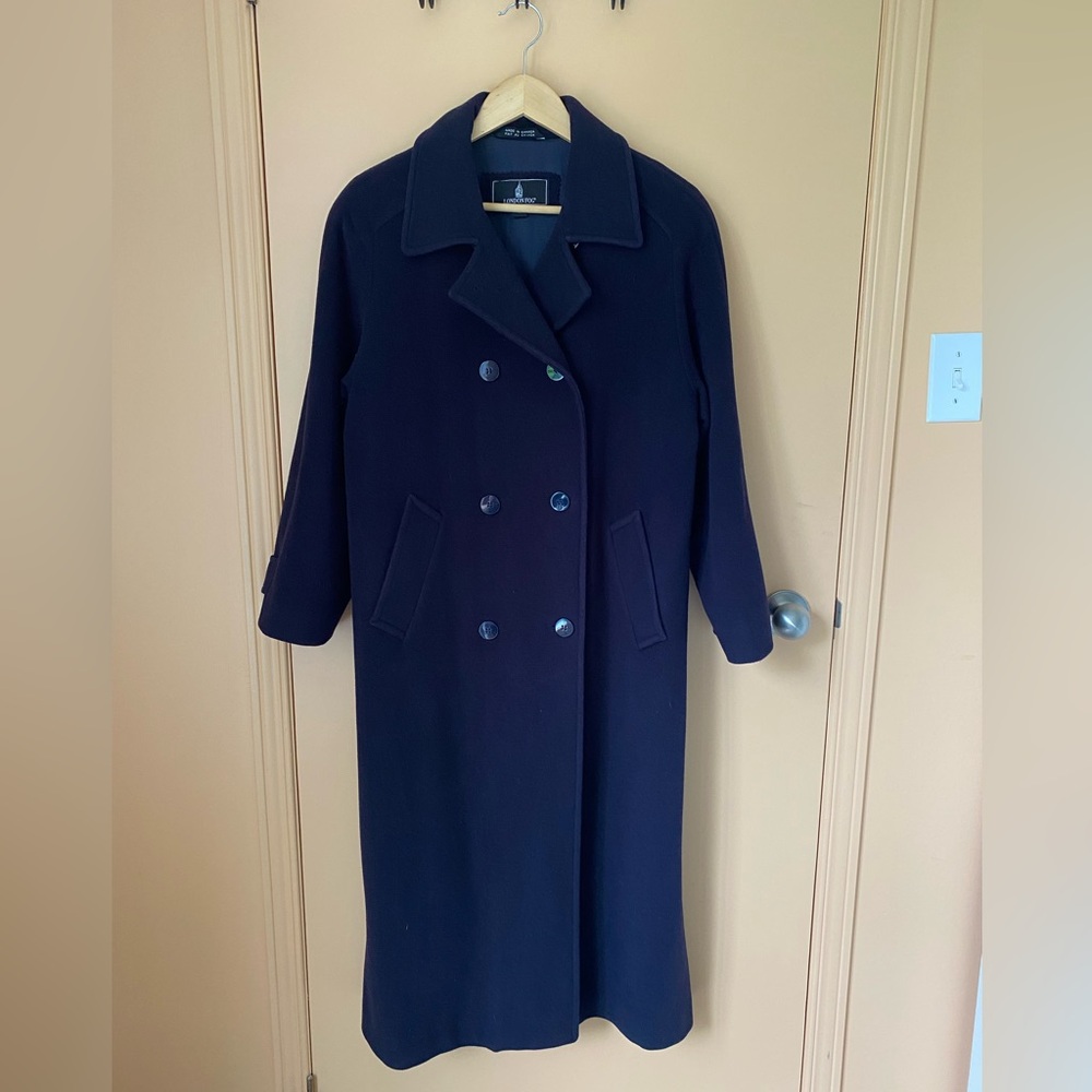 London Fog Classic Navy Double-Breasted Long Coat sz 8 Petite